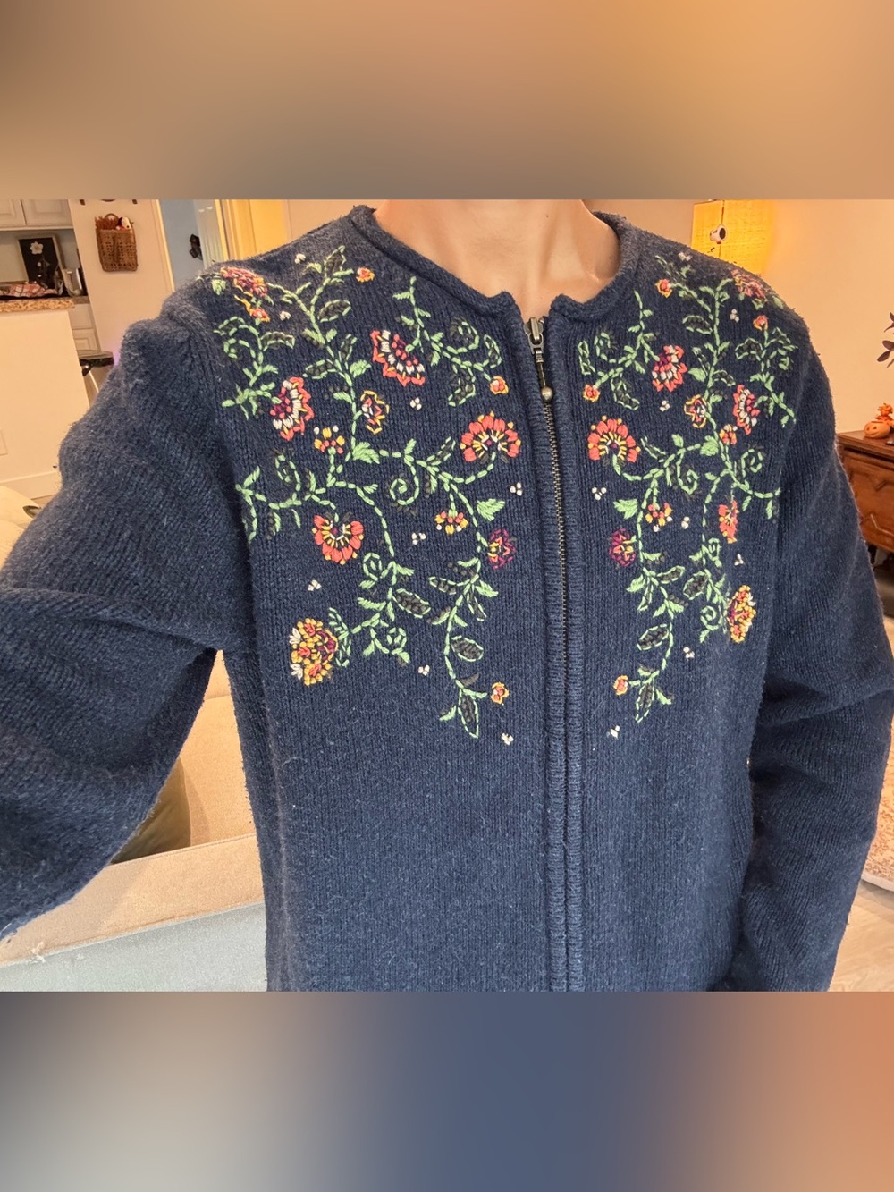 Stitched Navy Blue Floral Cardigan | Croft & Barrow | Size M | Cozy Era